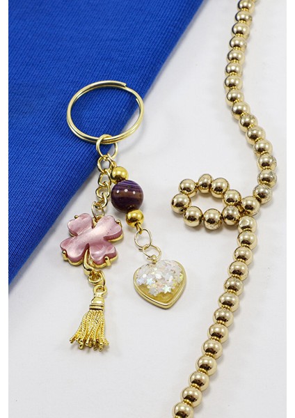 Gold Halkalı Pembe Yoncalı Parlak Kalpli Salkım Anahtarlık, Hediyelik Çanta Süsü fiyatları