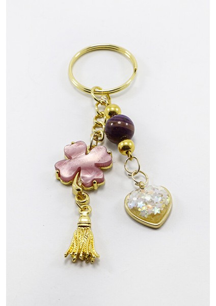 Gold Halkalı Pembe Yoncalı Parlak Kalpli Salkım Anahtarlık, Hediyelik Çanta Süsü modelleri
