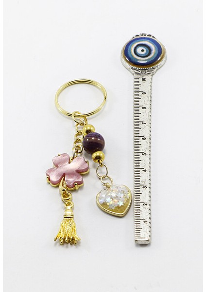 Gold Halkalı Pembe Yoncalı Parlak Kalpli Salkım Anahtarlık, Hediyelik Çanta Süsü fırsatları