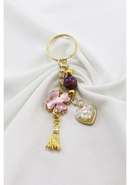 Gold Halkalı Pembe Yoncalı Parlak Kalpli Salkım Anahtarlık, Hediyelik Çanta Süsü indirimleri