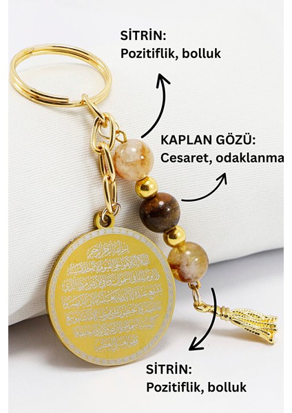 Çelik Çift Taraflı Ayetel Kürsi Nazar Ayeti Anahtarlık, Doğal Taş Kaplan Gözü, Sitrin Taşı