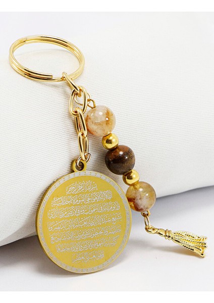 Çelik Çift Taraflı Ayetel Kürsi Nazar Ayeti Anahtarlık, Doğal Taş Kaplan Gözü, Sitrin Taşı fiyatları