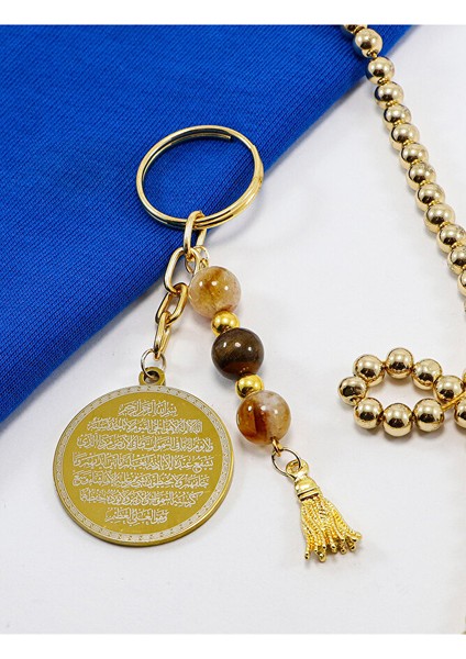 Çelik Çift Taraflı Ayetel Kürsi Nazar Ayeti Anahtarlık, Doğal Taş Kaplan Gözü, Sitrin Taşı fırsatları