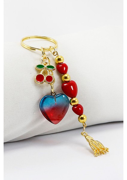 Salkım Cam Kırmızı Kalpli Çift Renkli Kirazlı Anahtarlık, Yeni Çanta Süsü