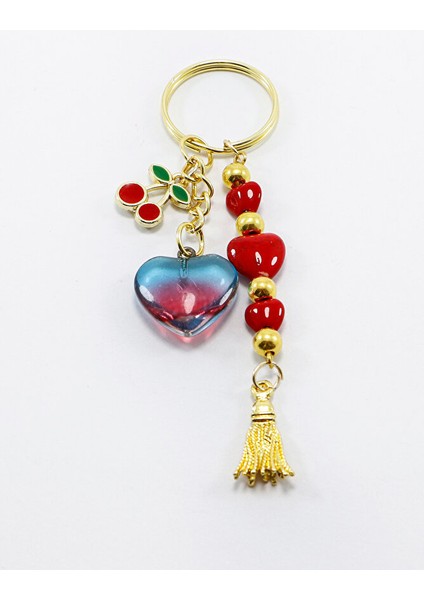 Salkım Cam Kırmızı Kalpli Çift Renkli Kirazlı Anahtarlık, Yeni Çanta Süsü modelleri