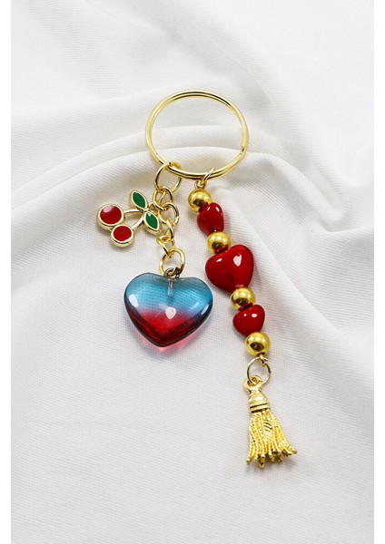 Salkım Cam Kırmızı Kalpli Çift Renkli Kirazlı Anahtarlık, Yeni Çanta Süsü fırsatları