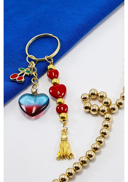 Salkım Cam Kırmızı Kalpli Çift Renkli Kirazlı Anahtarlık, Yeni Çanta Süsü indirimleri