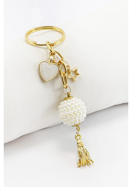 Incili Böğürtlen Boncuk Kalpli Salkım Anahtarlık, Hediyelik Çanta Süsü