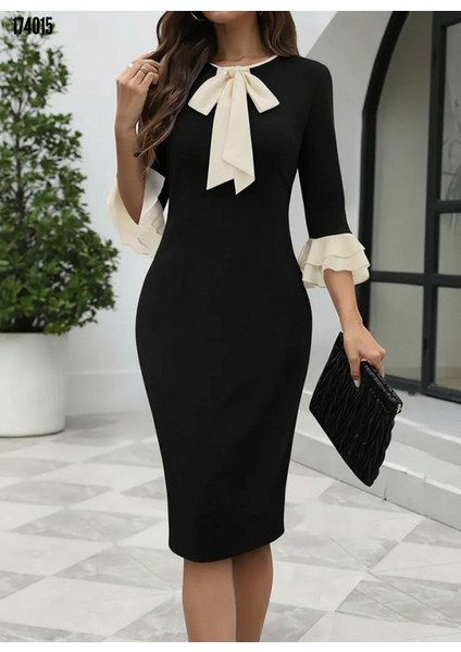 Truvakar Kollu Fiyonk Yakalı Büyük Beden Midi Krep Elbise 174015