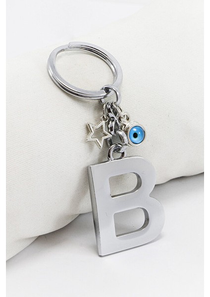 Çerçeveli Nazar Boncuklu Minik Yıldızlı Gümüş Renkli Metal B Harfi Anahtarlık / Hediyelik Çanta Süsü