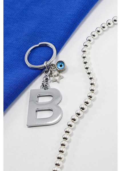 Çerçeveli Nazar Boncuklu Minik Yıldızlı Gümüş Renkli Metal B Harfi Anahtarlık / Hediyelik Çanta Süsü fiyatları