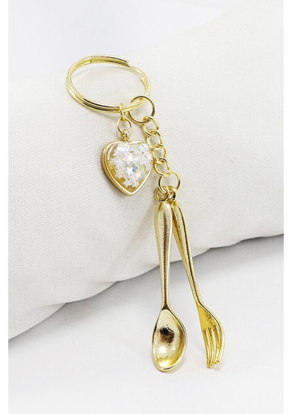 Gold Bombeli Salkım Kalpli Minyatür Kaşık Çatal Anahtarlık, Minyatür Anahtarlık