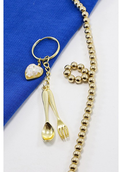 Gold Bombeli Salkım Kalpli Minyatür Kaşık Çatal Anahtarlık, Minyatür Anahtarlık fiyatları