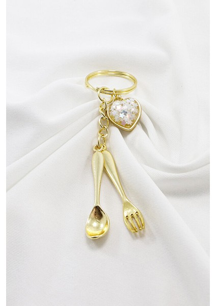 Gold Bombeli Salkım Kalpli Minyatür Kaşık Çatal Anahtarlık, Minyatür Anahtarlık modelleri