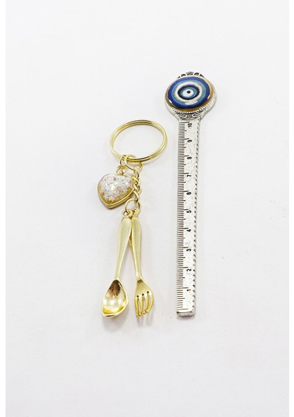 Gold Bombeli Salkım Kalpli Minyatür Kaşık Çatal Anahtarlık, Minyatür Anahtarlık indirimleri