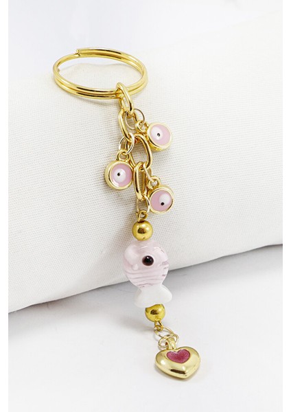 Küçük Nazarlı Pembe Renkli El Yapımı Cam Balıklı Kalpli Salkım Anahtarlık, Hediyelik Çanta Süsü