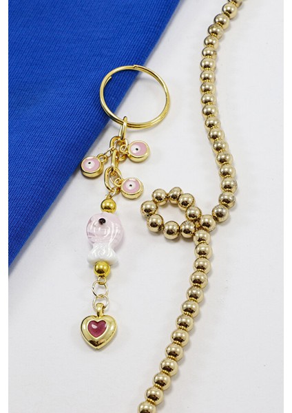 Küçük Nazarlı Pembe Renkli El Yapımı Cam Balıklı Kalpli Salkım Anahtarlık, Hediyelik Çanta Süsü fiyatları