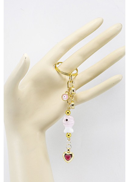 Küçük Nazarlı Pembe Renkli El Yapımı Cam Balıklı Kalpli Salkım Anahtarlık, Hediyelik Çanta Süsü modelleri