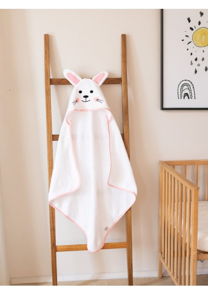 %100 Pamuk 75X75 Bebek Havlusu / Kundak - Tavşan-Süt Beyaz-0-3 Yaş