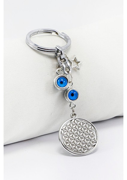 Gümüş Renkli Nazar Boncuklu Yıldızlı Yaşam Çiçeği Anahtarlık, Yeni Çanta Süsü