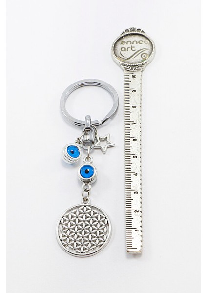 Gümüş Renkli Nazar Boncuklu Yıldızlı Yaşam Çiçeği Anahtarlık, Yeni Çanta Süsü modelleri