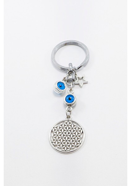 Gümüş Renkli Nazar Boncuklu Yıldızlı Yaşam Çiçeği Anahtarlık, Yeni Çanta Süsü fırsatları