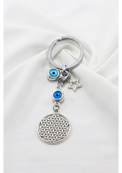 Gümüş Renkli Nazar Boncuklu Yıldızlı Yaşam Çiçeği Anahtarlık, Yeni Çanta Süsü indirimleri