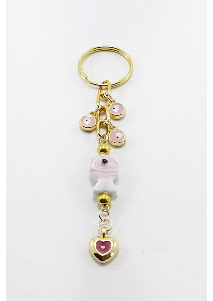 Küçük Nazarlı Pembe Renkli El Yapımı Cam Balıklı Kalpli Salkım Anahtarlık, Hediyelik Çanta Süsü fırsatları