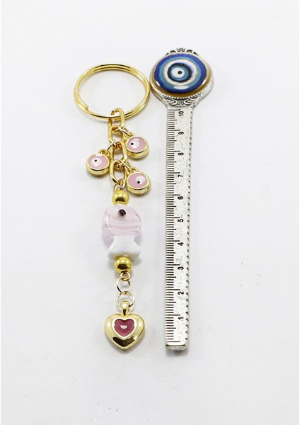Küçük Nazarlı Pembe Renkli El Yapımı Cam Balıklı Kalpli Salkım Anahtarlık, Hediyelik Çanta Süsü indirimleri