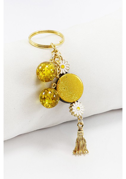 Hardal Renkli Simli Parlak Boncuklu Salkım Anahtarlık, Hediyelik Çanta Süsü