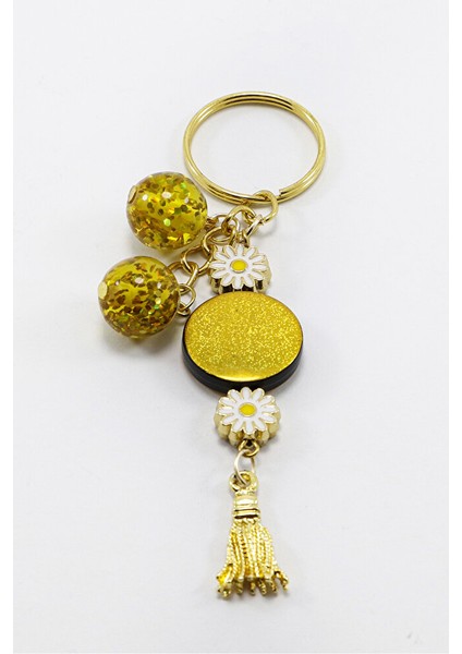 Hardal Renkli Simli Parlak Boncuklu Salkım Anahtarlık, Hediyelik Çanta Süsü modelleri