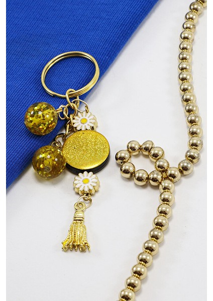 Hardal Renkli Simli Parlak Boncuklu Salkım Anahtarlık, Hediyelik Çanta Süsü indirimleri