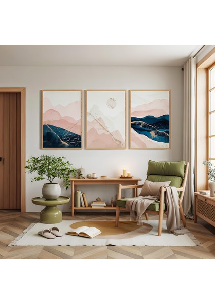 Ahşap Çerçeveli Pembe Ufuklar Üçlü Ahşap Tablo Seti modelleri