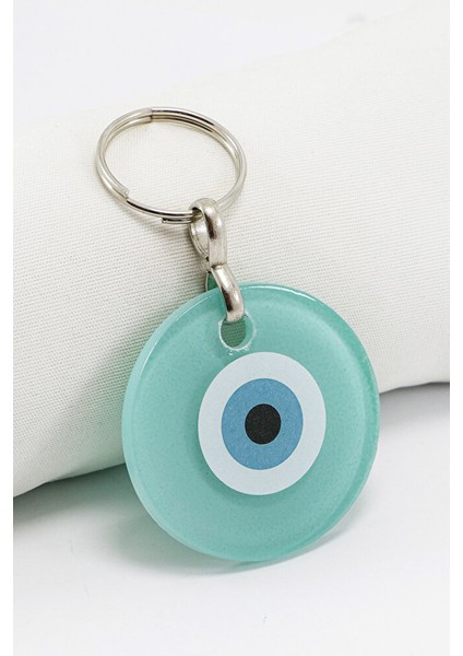 El Yapımı Yassı Cam Nazar Boncuklu Turkuaz Cam Nazarlı Anahtarlık, Hediyelik Çanta Süsü