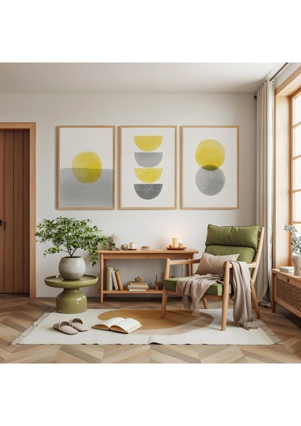 Ahşap Çerçeveli Minimalist Döngüler Üçlü Ahşap Tablo Seti modelleri
