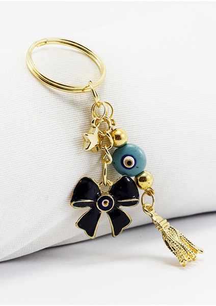 Gold Renkli Mavi Nazar Boncuklu Salkım Kurdele Anahtarlık, Yeni Çanta Süsü