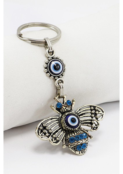 Gri Halkalı Turkuaz Parlak Taşlı Metal Arılı Anahtarlık, Hediyelik Çanta Süsü