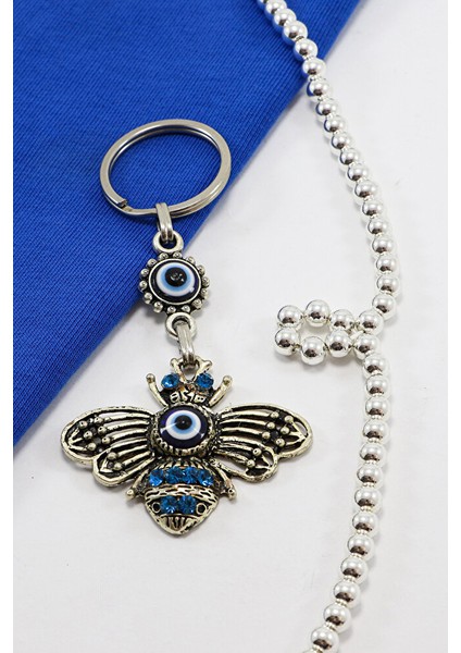 Gri Halkalı Turkuaz Parlak Taşlı Metal Arılı Anahtarlık, Hediyelik Çanta Süsü fiyatları