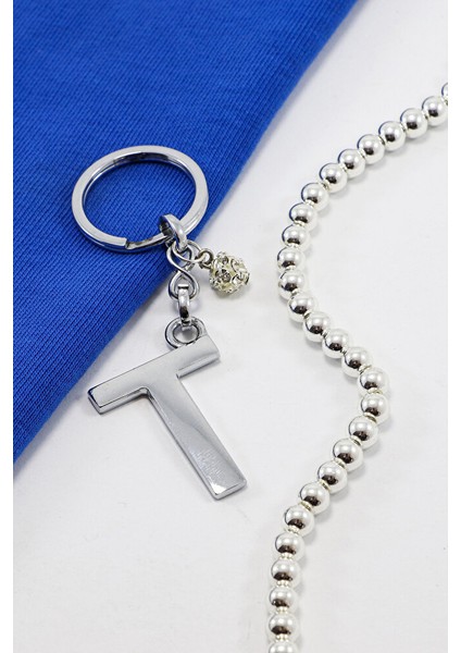 Parlak Taşlı Boncuklu Gümüş Renkli Metal T Harfi Anahtarlık / Hediyelik Çanta Süsü