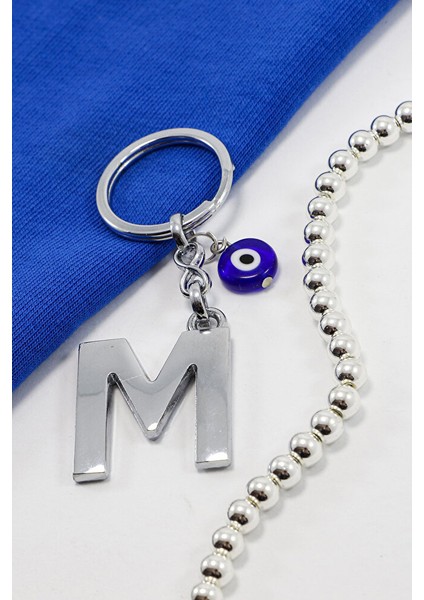 El Yapımı Lacivert Cam Yassı Nazarlı Gümüş Renkli Metal M Harfi Anahtarlık / Hediyelik Çanta Süsü