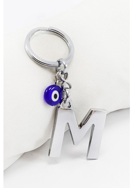 El Yapımı Lacivert Cam Yassı Nazarlı Gümüş Renkli Metal M Harfi Anahtarlık / Hediyelik Çanta Süsü fiyatları