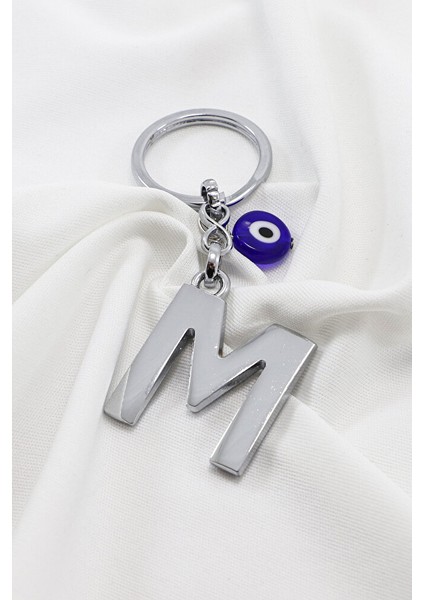 El Yapımı Lacivert Cam Yassı Nazarlı Gümüş Renkli Metal M Harfi Anahtarlık / Hediyelik Çanta Süsü modelleri