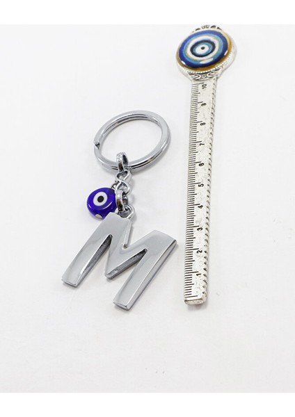 El Yapımı Lacivert Cam Yassı Nazarlı Gümüş Renkli Metal M Harfi Anahtarlık / Hediyelik Çanta Süsü indirimleri