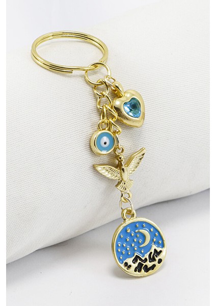 Gold Halkalı Kalpli Kuşlu Dağ Manzara Plakalı Anahtarlık, Hediyelik Çanta Süsü