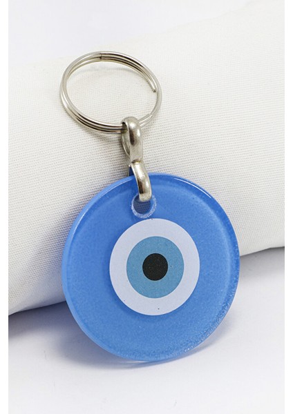 El Yapımı Yassı Cam Nazar Boncuklu Lacivert Cam Nazarlı Anahtarlık, Hediyelik Çanta Süsü