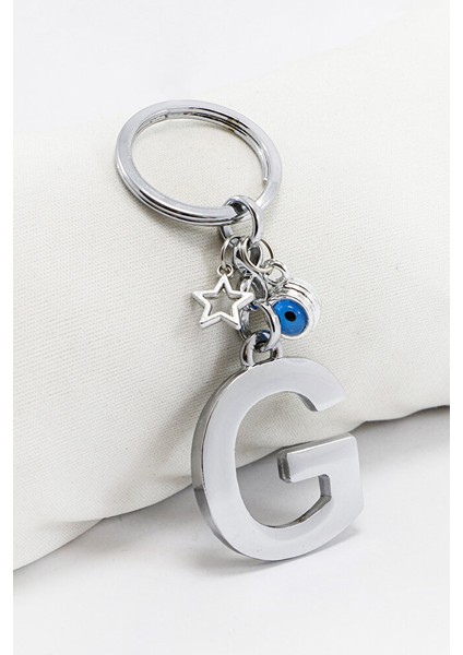 Çerçeveli Nazarlı Minik Yıldızlı Gümüş Renkli Metal G Harfi Anahtarlık / Hediyelik Çanta Süsü