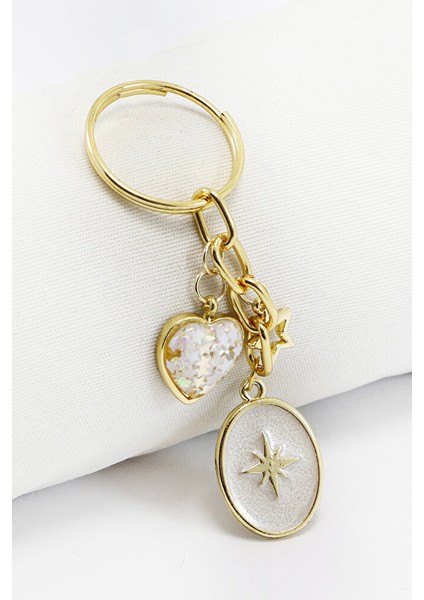 Gold Halkalı Sedefli Kutup Yıldızı Salkım Anahtarlık, Hediyelik Çanta Süsü