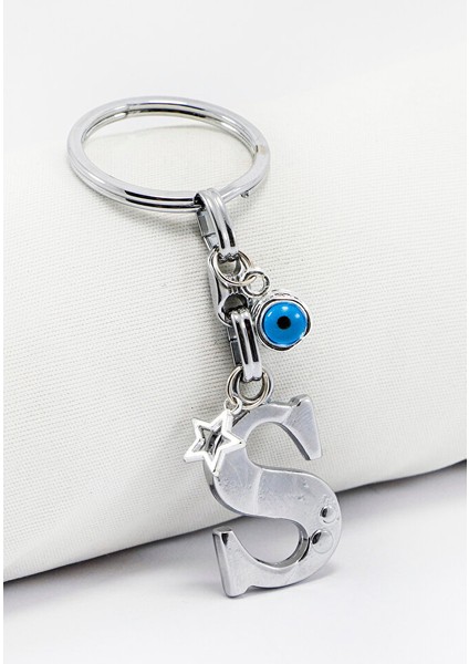 Gümüş Renkli Yıldızlı Nazar Boncuklu Metal S Harfi Anahtarlık / Harfli Çanta Süsü