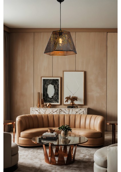 Forest Line Dots Desenli Lazer Kesim Metal Avize Modern Salon Oturma Odası Antre Avizesi