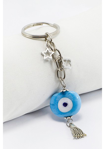 Gümüş Halkalı Püsküllü Mavi Dana Gözlü Anahtarlık, Hediyelik Çanta Süsü